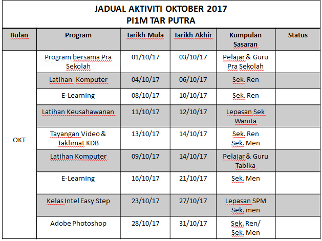 jadual aktiviti Oktober